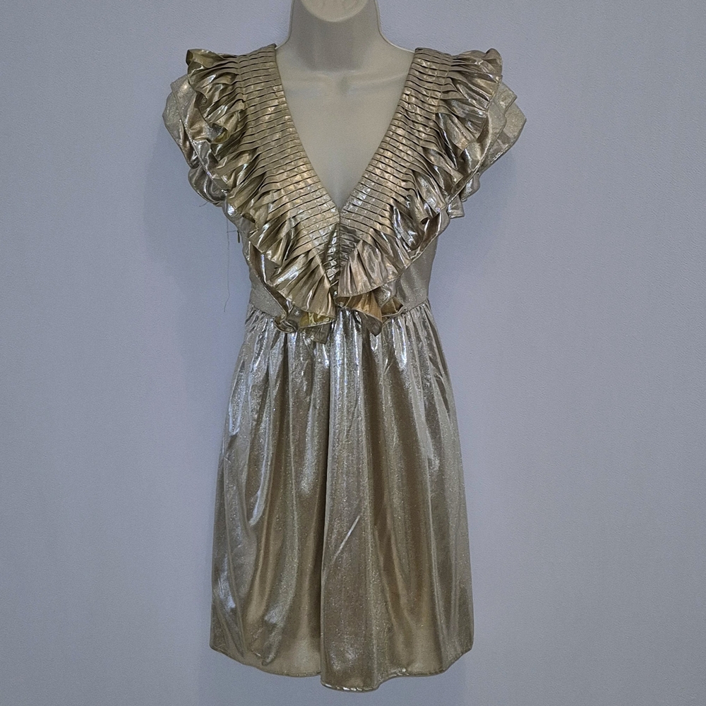 Entro Gold Metallic Size S NEW Ruffled Mini Dress